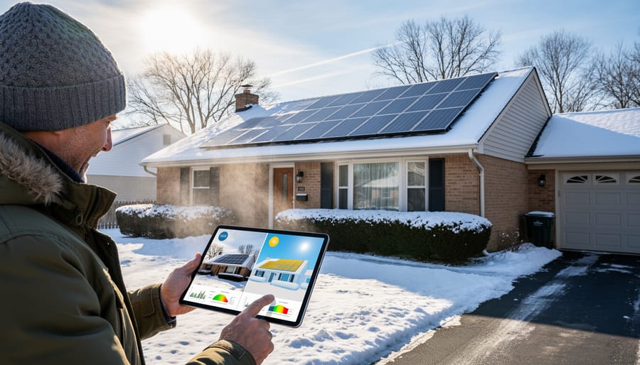 Snow-covered solar panels on residential roof during Illinois winter