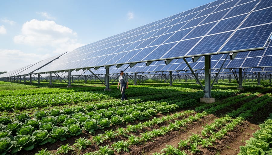 Solar panels elevated above rows of growing crops in an agrivoltaic farm system