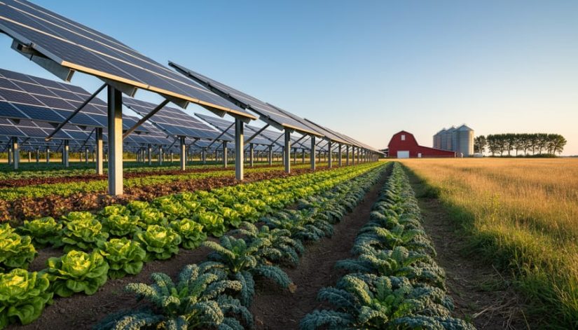 Elevated solar panels over rows of leafy green crops on an Illinois farm at golden hour, with a red barn and grain silos softly visible in the distance.