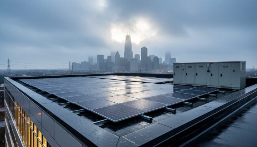 Rooftop solar panels and battery storage on a Chicago commercial building after rain, with storm clouds and sun breaking through and the city skyline in soft focus.