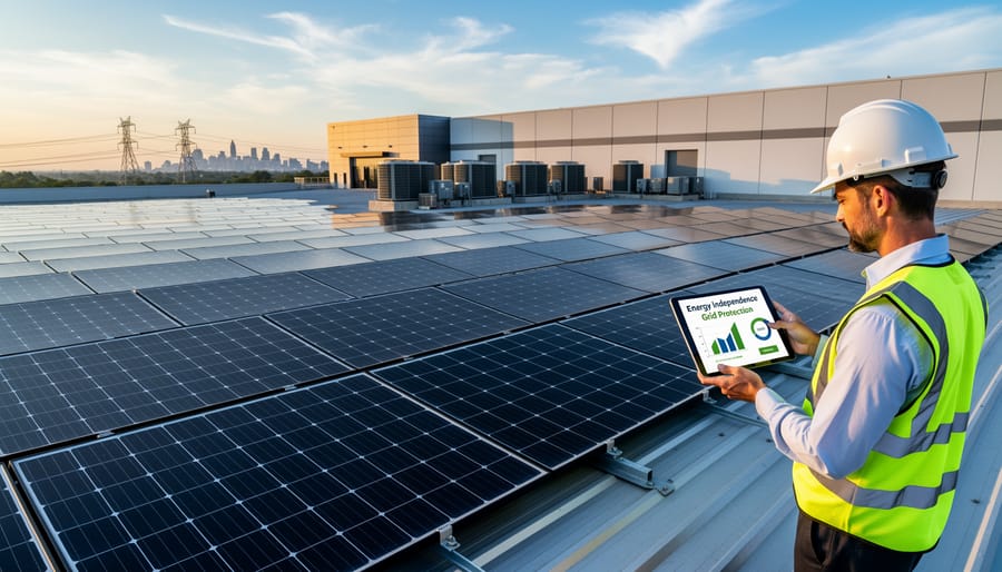 Aerial view of commercial rooftop solar installation on Illinois business property