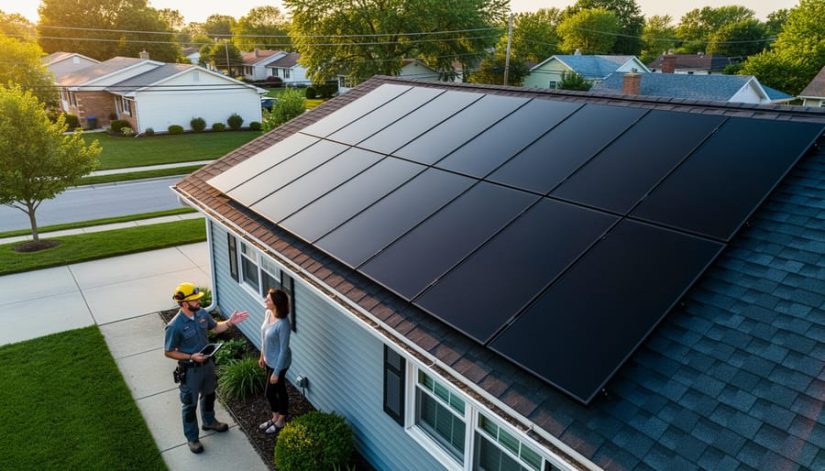 Oblique aerial view of an Illinois suburban home with black solar panels on the south-facing roof, with a technician and homeowner discussing placement in the driveway at golden hour; trees and utility lines fade into the background.