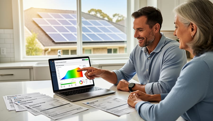 Homeowner reviewing energy consumption data and utility bills for solar system planning