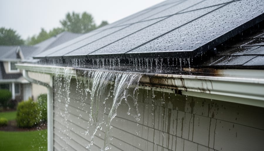 Overflowing roof gutter caused by concentrated water runoff from solar panel installation