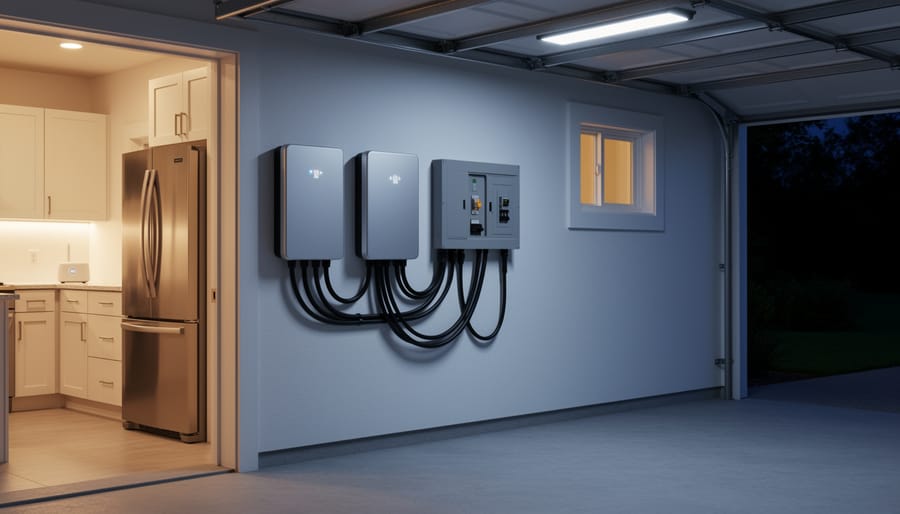Modern home battery storage system installed in residential garage
