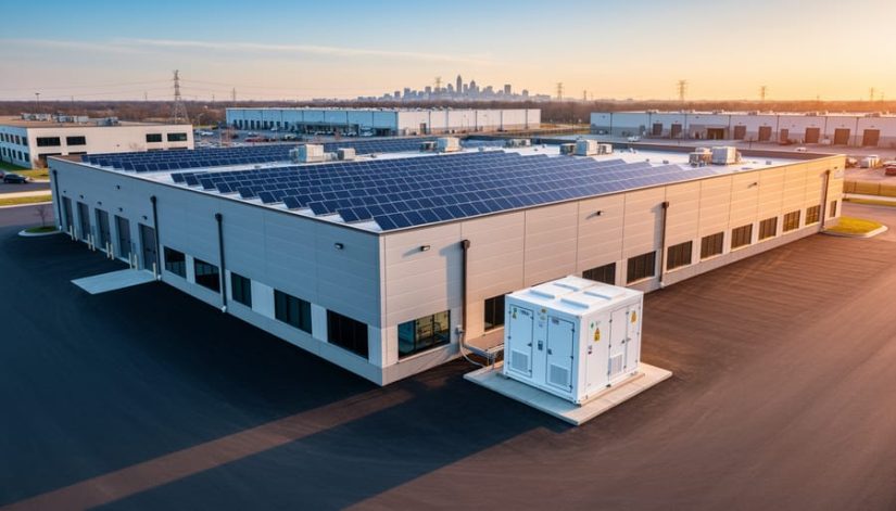 Modern Illinois commercial warehouse with rooftop solar panels and a white battery storage container in the foreground at golden hour, with utility poles and a distant skyline softly blurred in the background