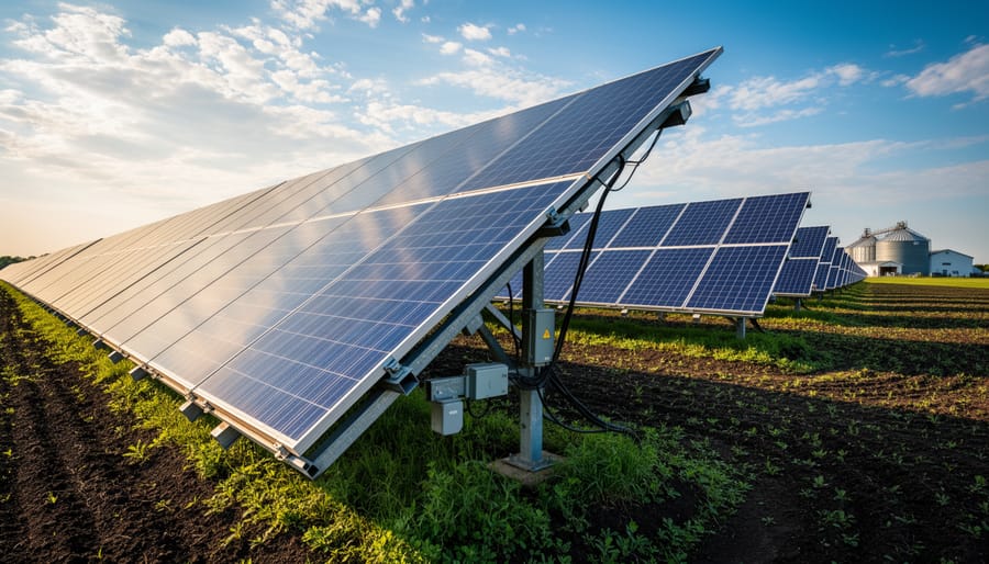 Commercial ground-mounted solar array with tracking systems in Illinois farmland setting