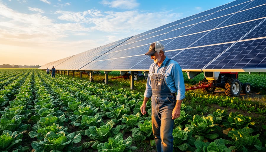 Illinois farmer inspecting crops growing in an agrivoltaic solar farm system