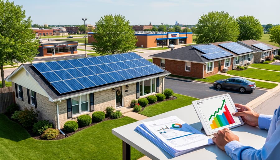Solar panels installed on residential roof in Illinois suburban neighborhood