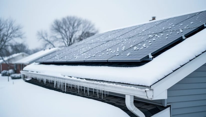 Residential Illinois roof with south-facing solar panels partially covered by snow and icicles along the eaves, shot from a low angle on an overcast winter day, with snow-dusted trees and neighboring houses softly blurred in the background.