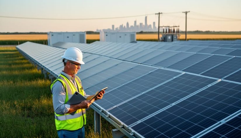 Engineer in hard hat examining bifacial solar panels at an Illinois solar farm during golden hour, with prairie grasses, battery storage containers, a small utility substation, and a faint Chicago skyline in the background.