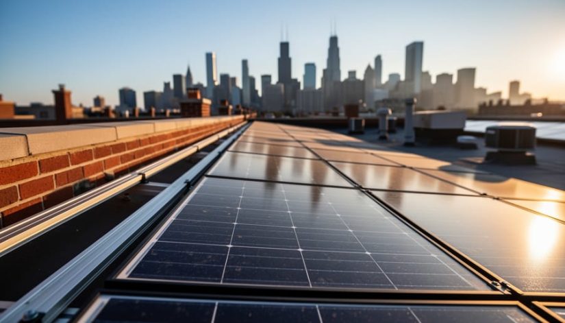 Close-up of rooftop solar panels on a Chicago brick building at golden hour, with the city skyline softly blurred in the background, highlighting the financial potential of well-managed renewable assets.