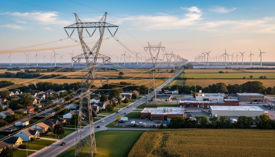 High-voltage electrical transmission towers spanning across Illinois farmland