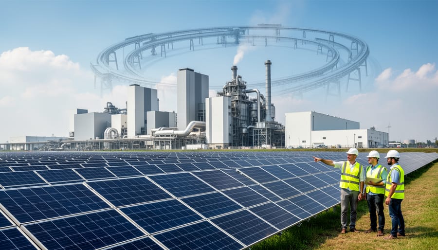 Aerial view of industrial facility with large-scale rooftop solar installation