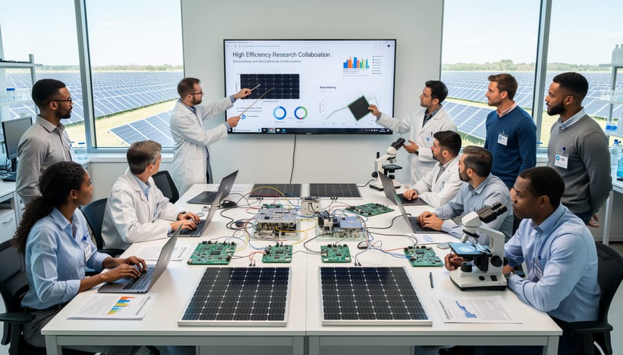 Research scientists collaborating on solar cell technology in laboratory setting
