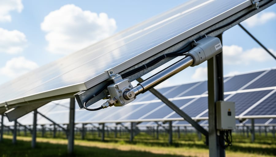 Close-up of linear actuator mechanism on solar panel mounting system