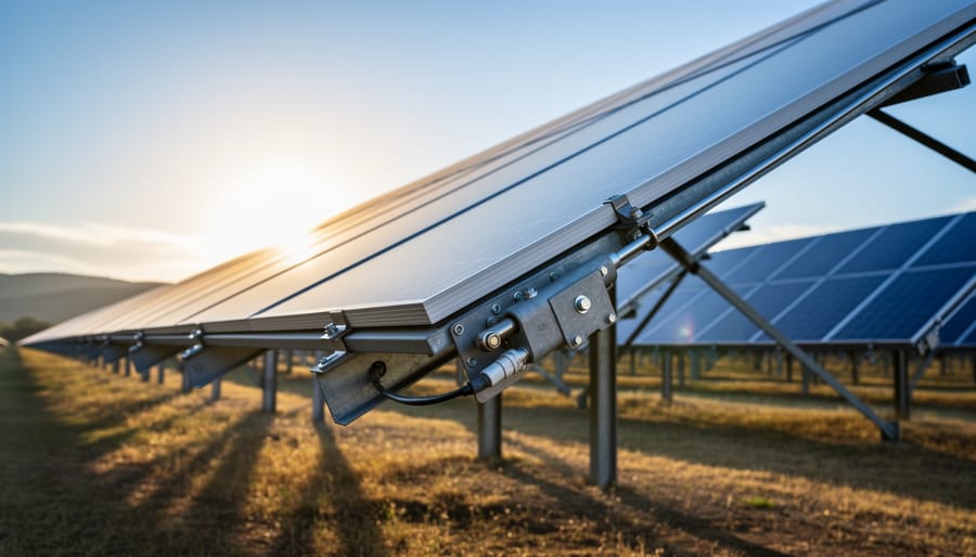 Solar panels mounted on linear actuator tracking system angled toward the sun