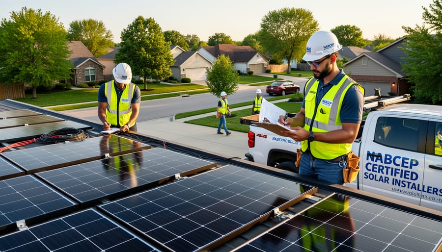 Solar installation professional working on rooftop solar panel installation