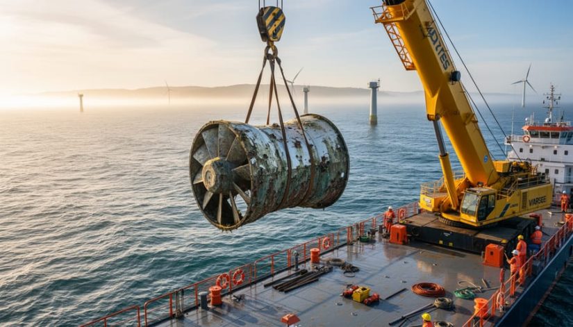 Corroded tidal turbine nacelle lifted by a yellow crane onto a maintenance barge at sea during golden hour, with distant shoreline, support vessel, and additional turbine pylons in the background.