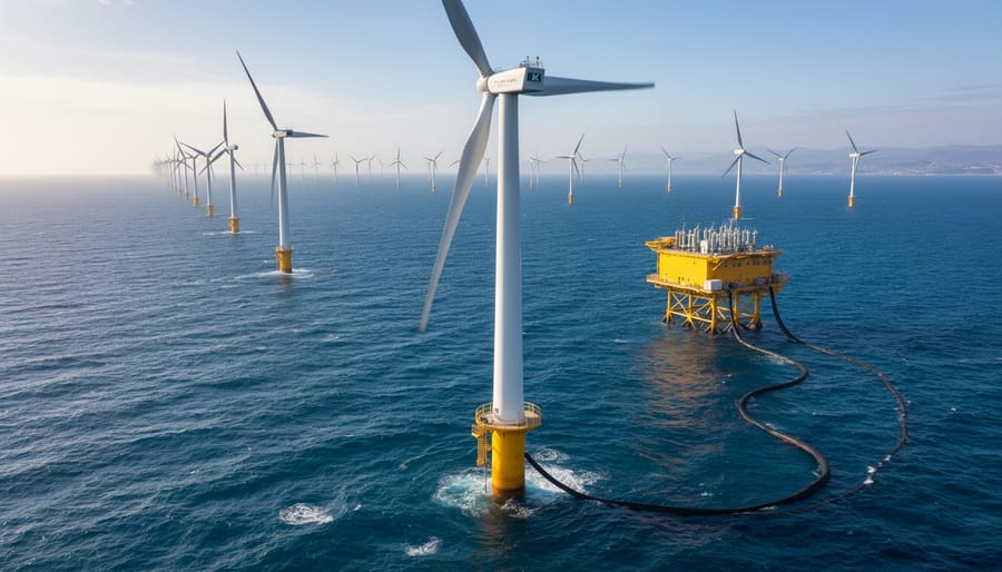 Offshore wind turbines in ocean with white towers and rotating blades
