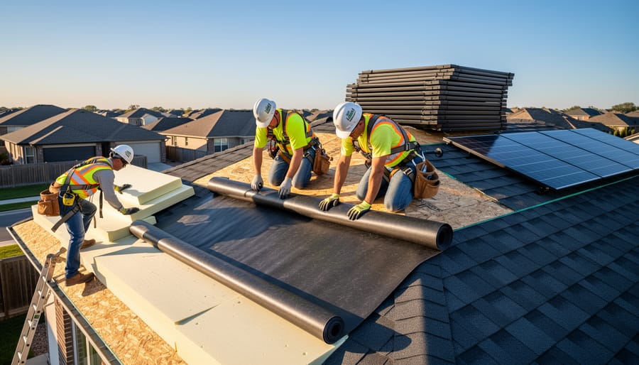 Roofing professional installing waterproof membrane on residential roof before solar panel installation