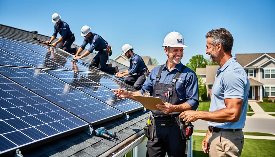 Professional solar technician inspecting and maintaining rooftop solar panel installation