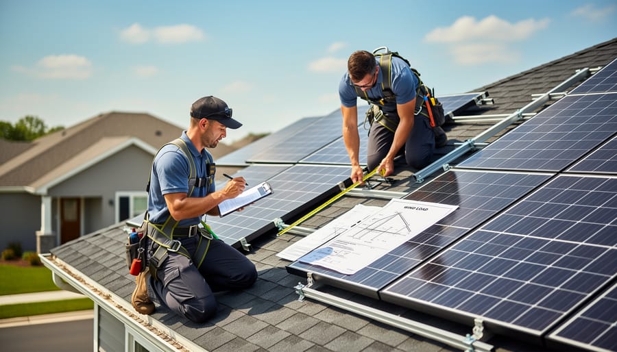 Solar installation professional inspecting solar panel system on commercial roof