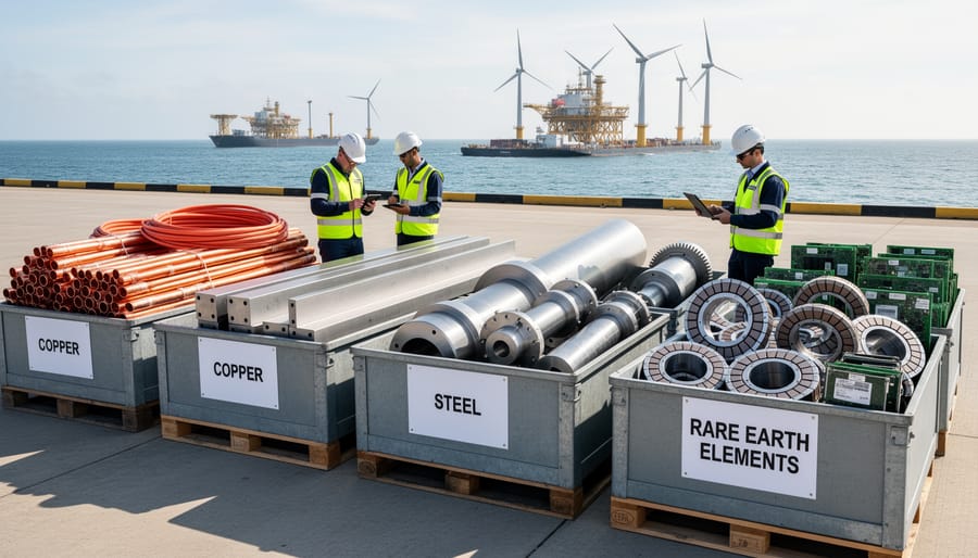 Recovered copper, steel, and composite materials from ocean energy equipment being sorted for recycling