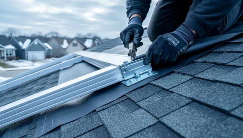 Roofer applying waterproof membrane and metal flashing around a solar mounting bracket and rails on an asphalt shingle roof under bright overcast light, with blurred suburban homes and light snow on nearby eaves visible in the background.