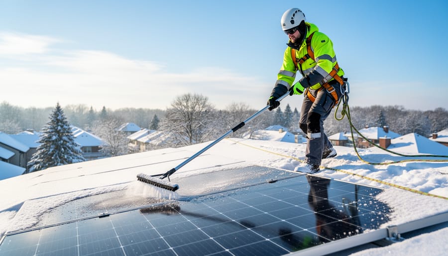Person safely removing snow from solar panels using proper soft-bristle tool with extension handle