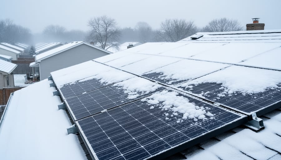 Snow-covered solar panels on residential roof with icicles forming along edges
