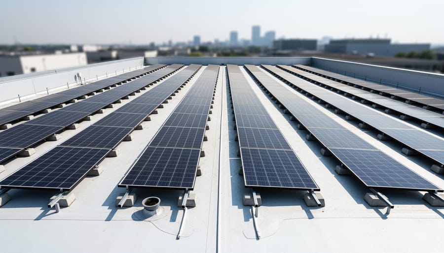 Aerial view of commercial solar installation with drainage channels between panel rows