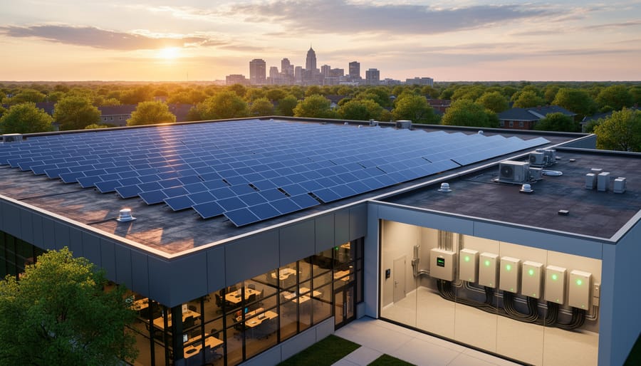 Aerial view of commercial rooftop solar panel installation with battery storage system