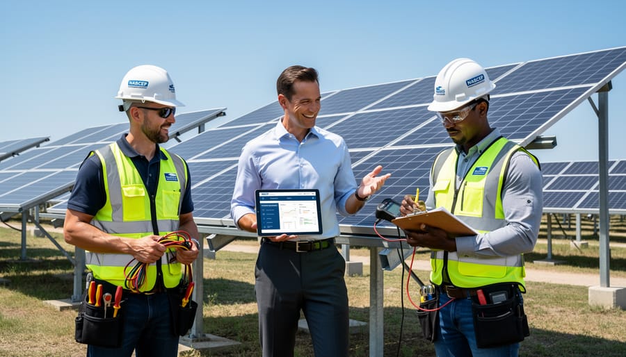Team of solar industry professionals collaborating at installation site