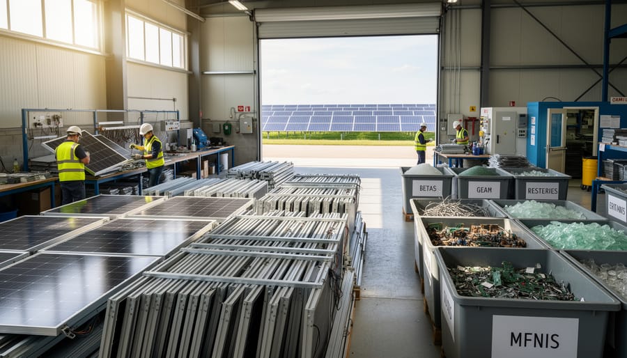 Worker sorting recyclable solar panel components for material recovery