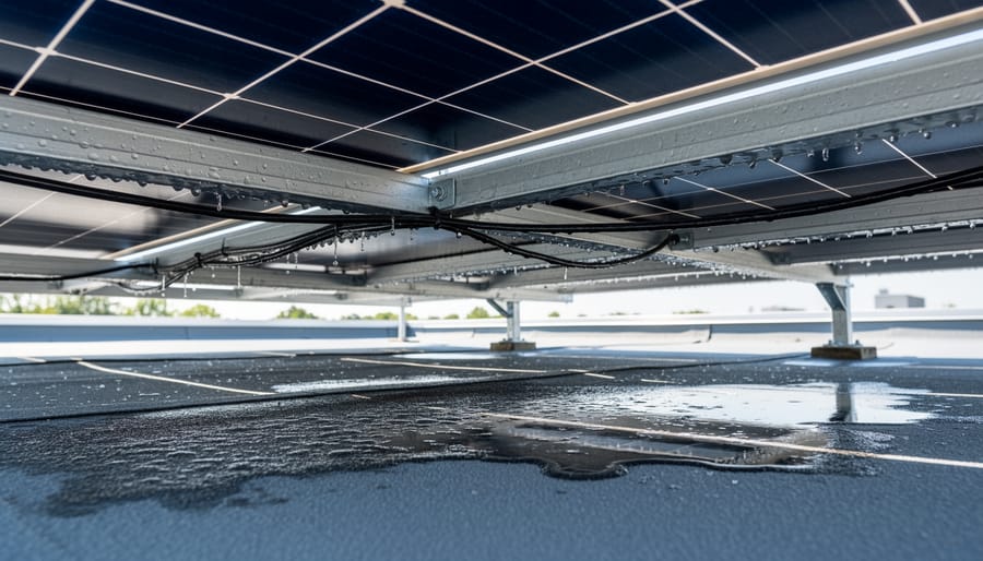 Water condensation droplets visible on underside of solar panel mounting system
