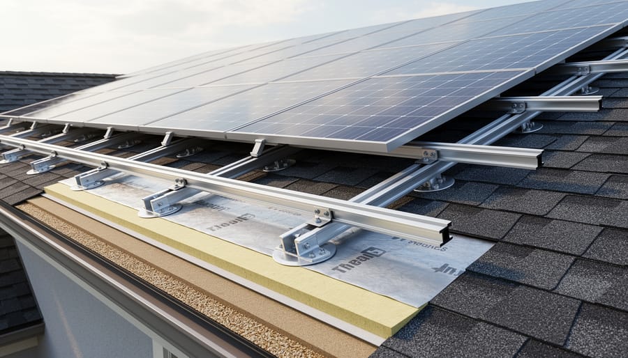 Close-up of solar panel mounting system on residential roof showing flashing and waterproofing details