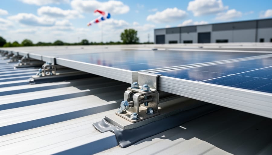 Close-up of solar panel mounting hardware and roof attachment system
