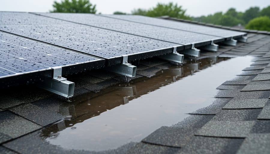 Solar panels on residential roof showing water accumulation and drainage issues