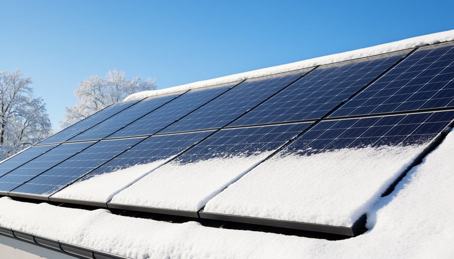 Solar panels on angled roof with snow naturally sliding off due to optimal tilt angle