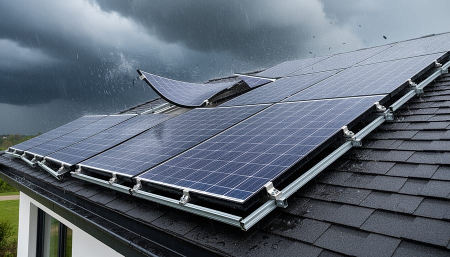 Solar panels mounted on residential roof showing edge and corner installation details