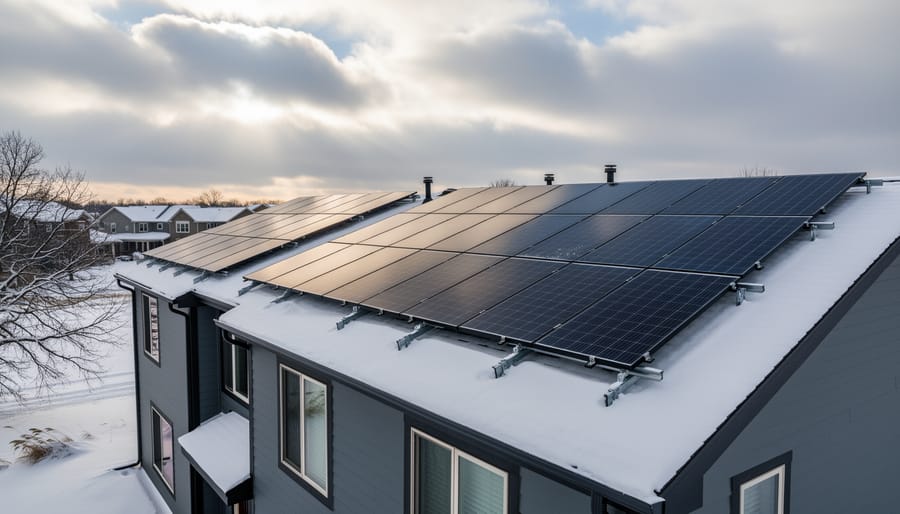 Solar panels on residential roof against dramatic stormy sky demonstrating weather resilience