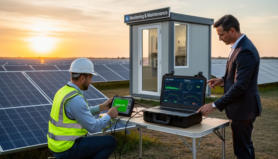 Solar technician using digital monitoring equipment to inspect solar panel performance