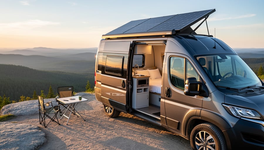 Camper van with solar panels on roof parked in natural Illinois landscape