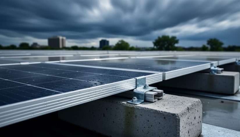 Close-up of solar panels on a flat commercial roof with visible racking and concrete ballast under stormy skies, blurred skyline and wind-bent trees in the background, suggesting wind uplift risk.