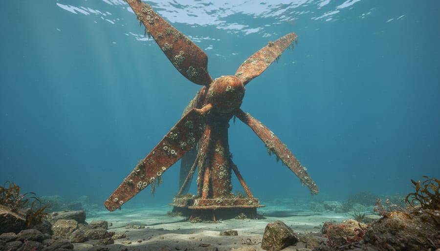 Underwater view of tidal turbine with marine growth on ocean floor