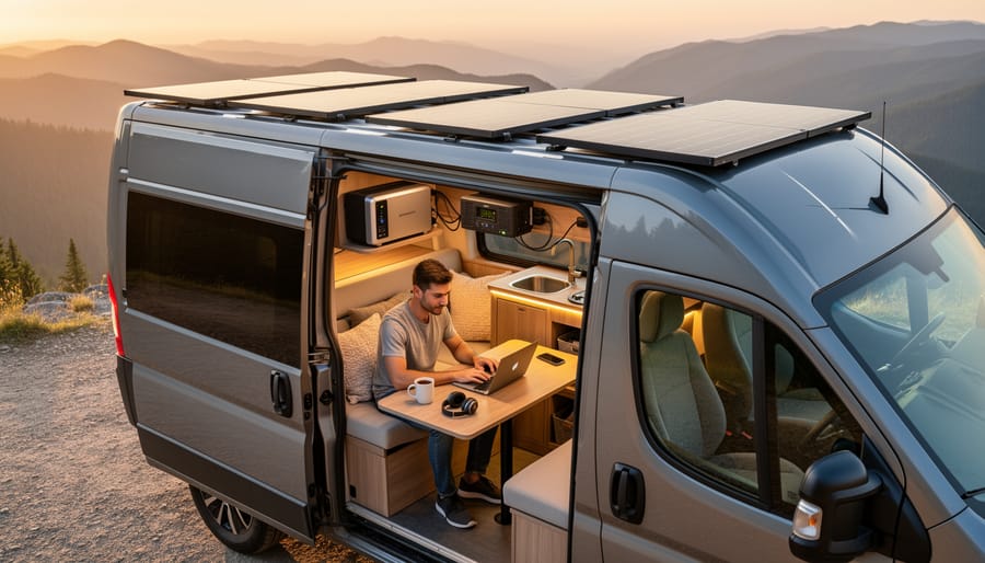 Person working on laptop inside solar-powered van conversion with LED lighting