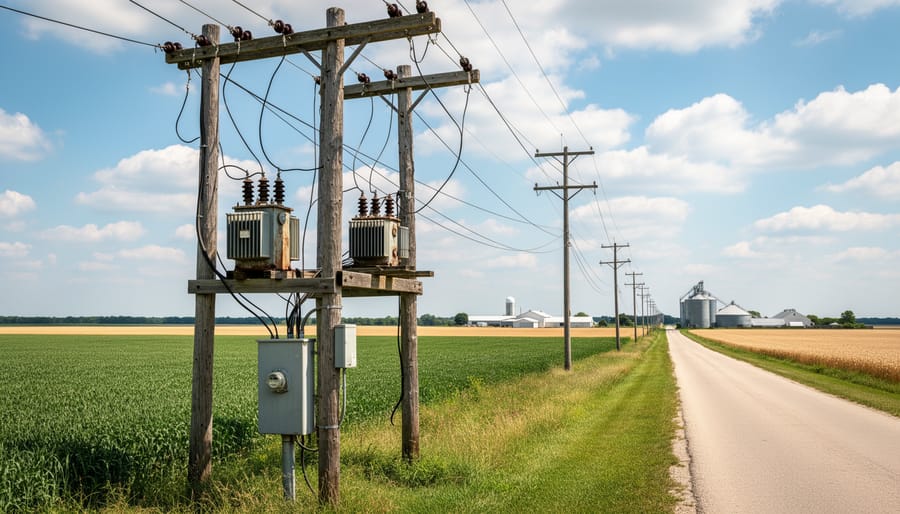 Utility worker inspecting aging electrical transformer on utility pole in rural setting