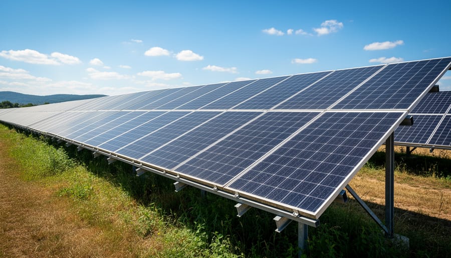 Close-up of solar panel with anti-reflective coating showing minimal light reflection