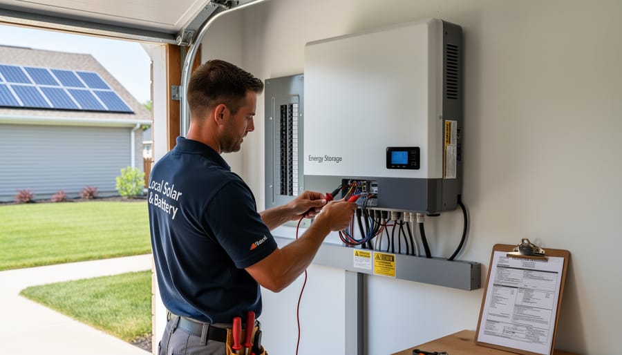 Solar technician installing battery storage system on residential roof